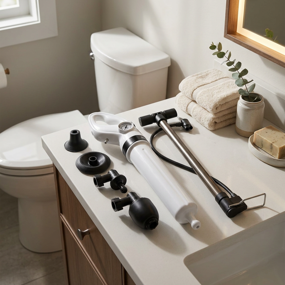 Air Pressure Drain Unblocker with Manual Activation for Toilets and Sinks