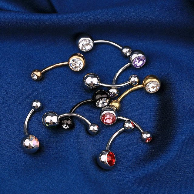 Curved Barbell Belly Button Rings 14G with Crystal Ball Accents and Multiple Colors, 10-Pack