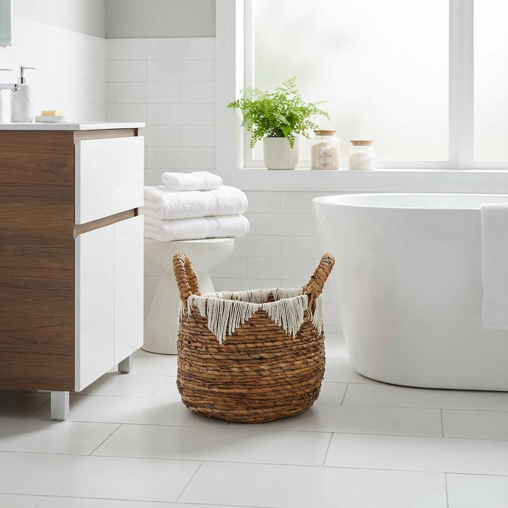 Fiber Woven Basket 13.78 inches, Round Storage, Bathroom Organizer