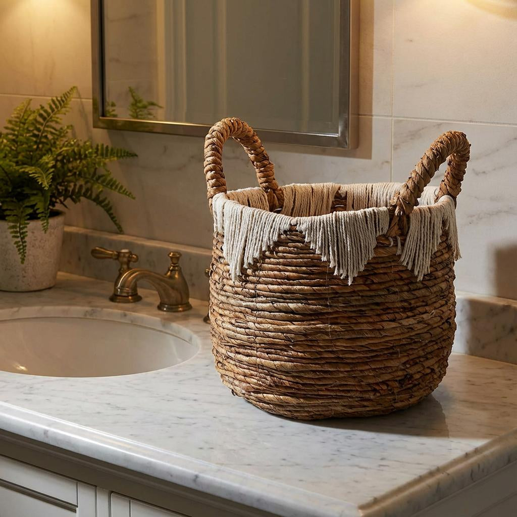 Fiber Woven Basket 35 cm, Round Storage, Bathroom Organizer