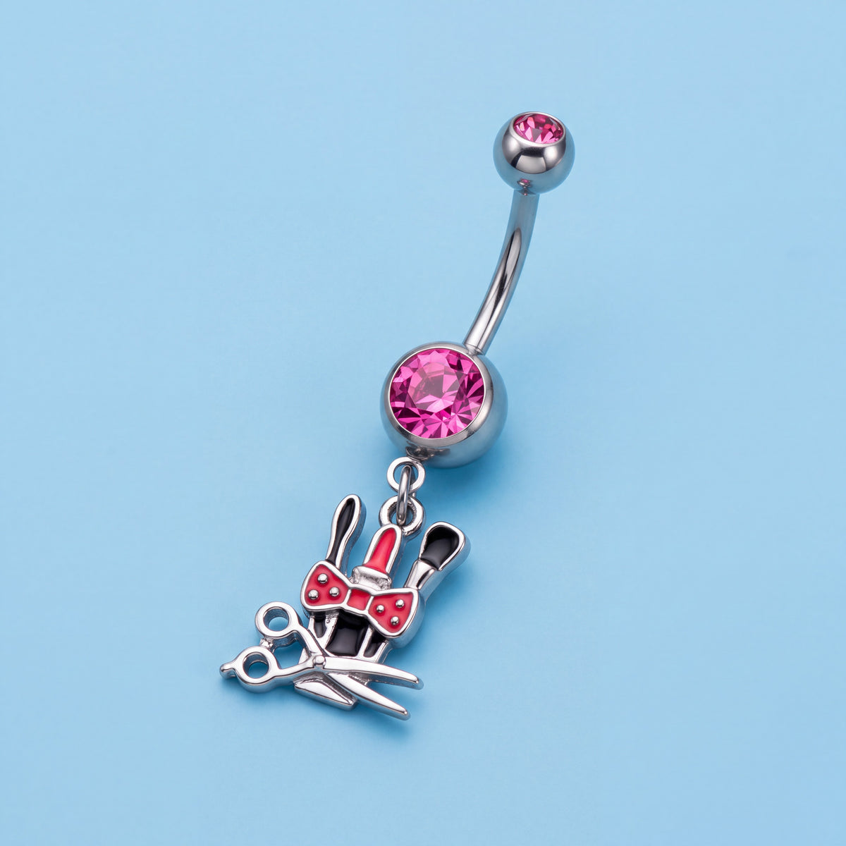 Pink Cubic Zirconia Dangle Belly Button Ring with Hair and Makeup Charms
