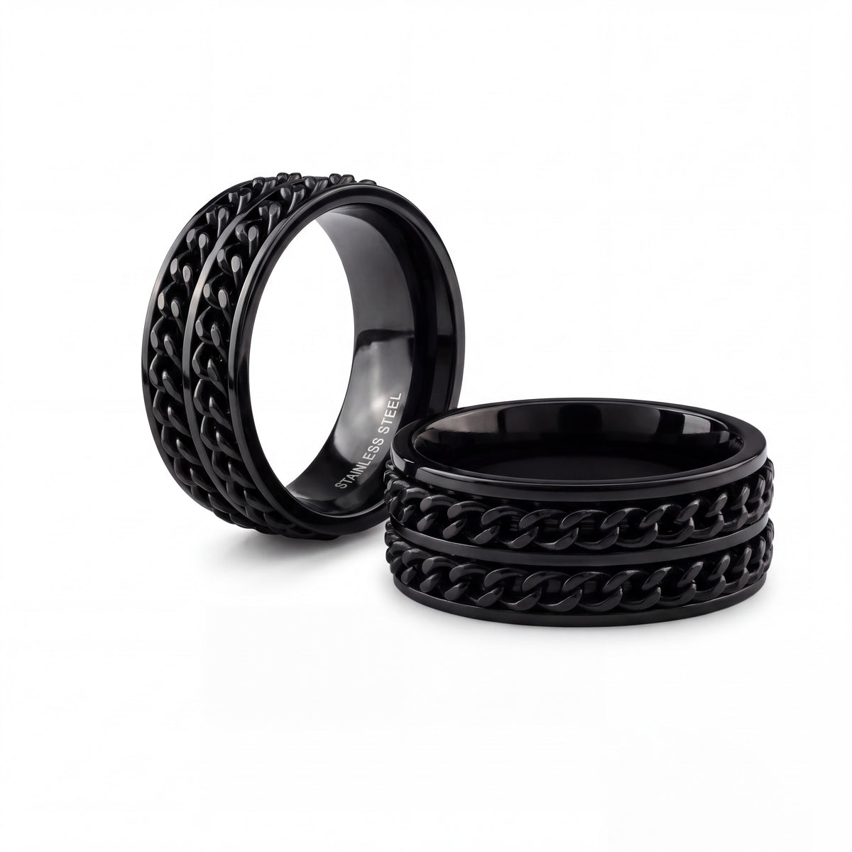 Rotating Chain Spinner Ring with Black Stainless Steel, 9mm Width