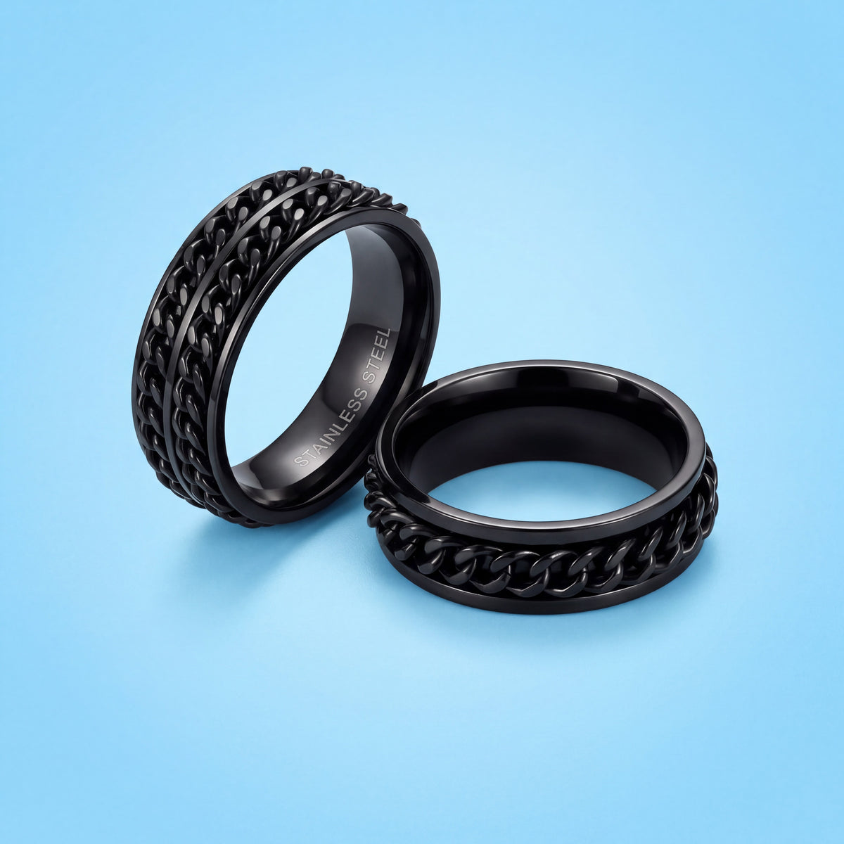 Rotating Chain Spinner Ring with Black Stainless Steel, 9mm Width