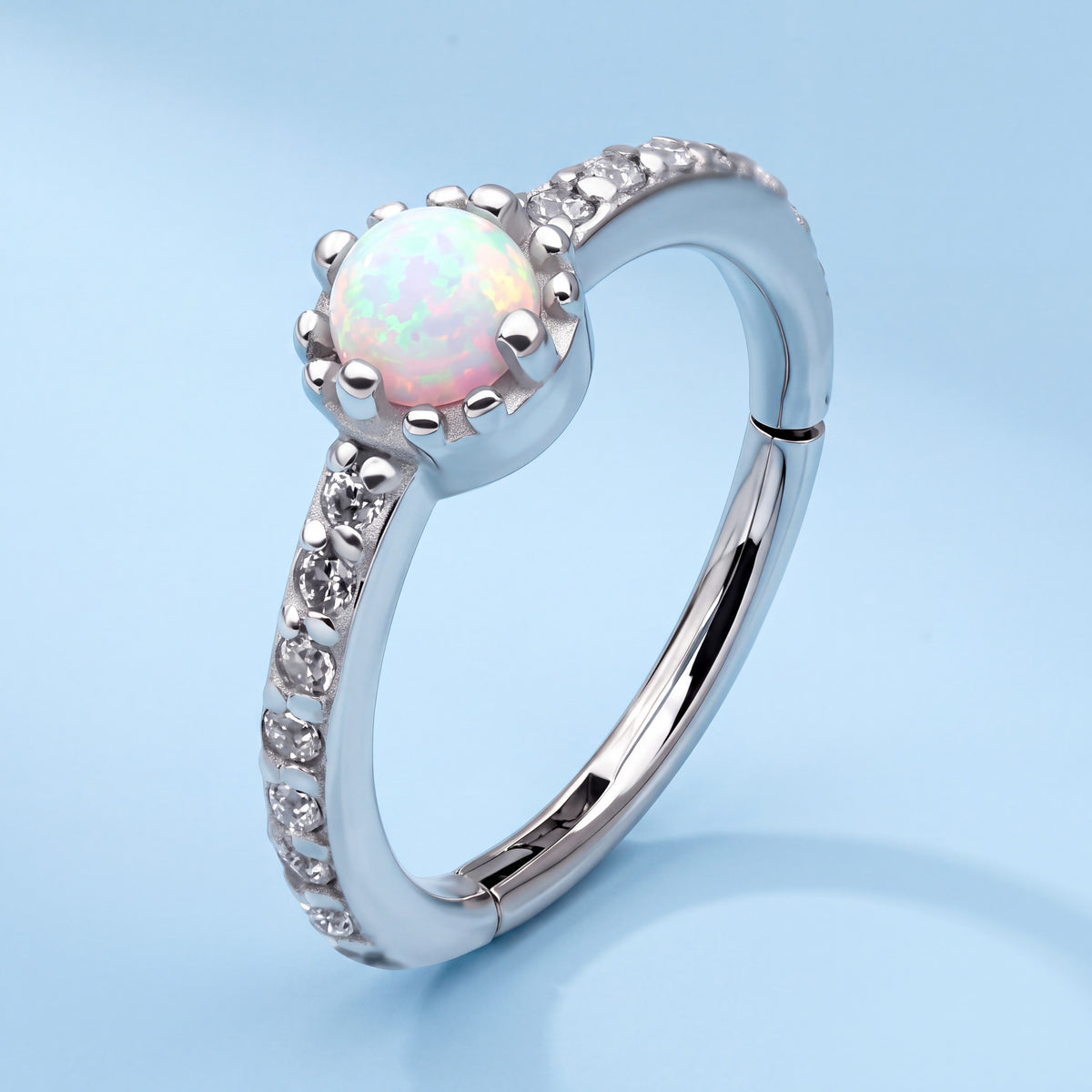 Hinged Segment Ring with Synthetic Opal and Cubic Zirconia, 16G