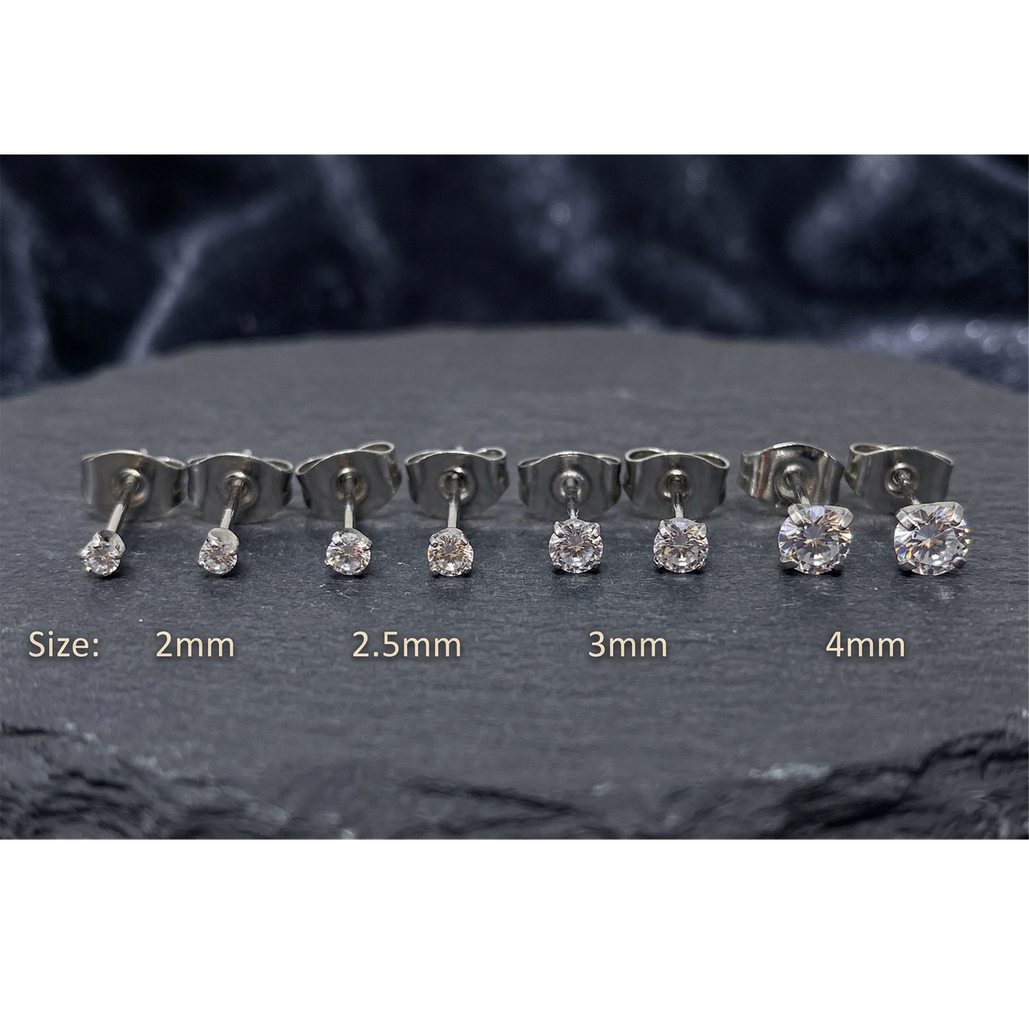 Silver titanium clear CZ stud earrings size comparison 2mm to 5mm