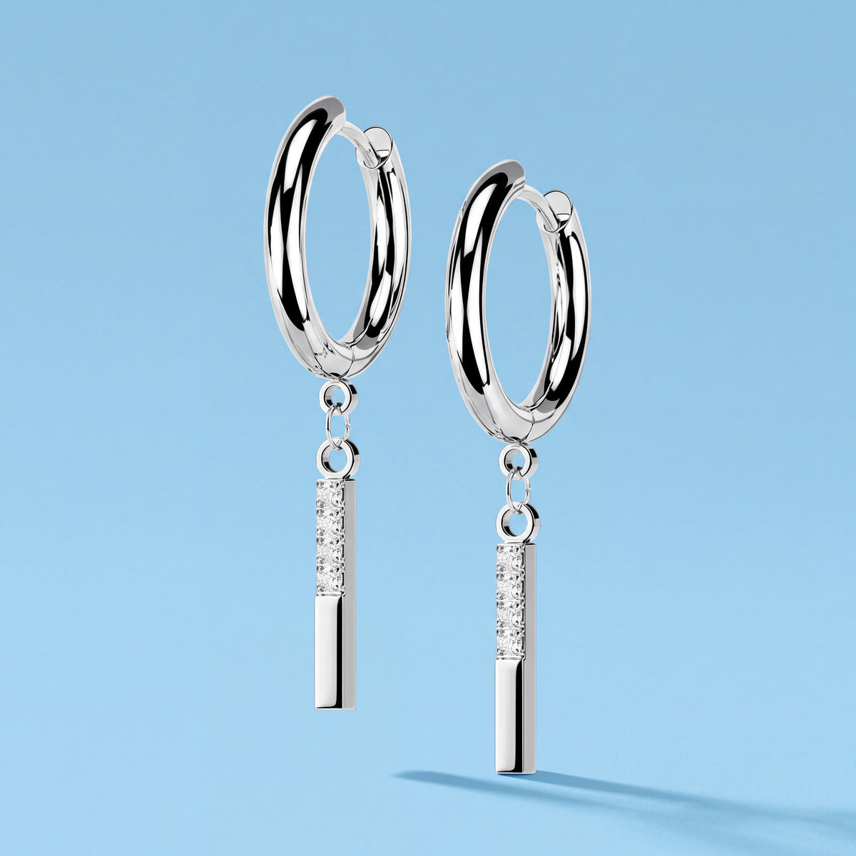 Hoop Earrings with Hinged Closure and Dangling CZ Bar, Stainless Steel