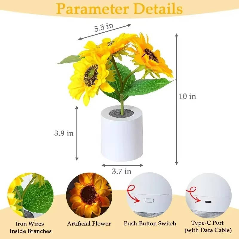 Floral LED Night Light with Flexible Copper Wire Stem and Adjustable Brightness