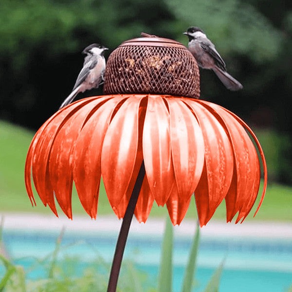 Standing Metal Bird Feeder with Lift-Top Lid and Open Dish