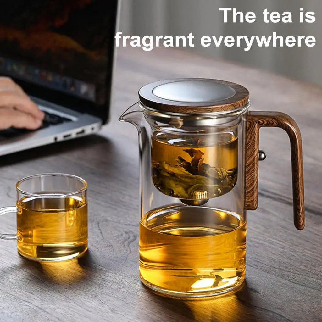 Borosilicate Glass Teapot with Water Separation Infuser and Wooden Handle