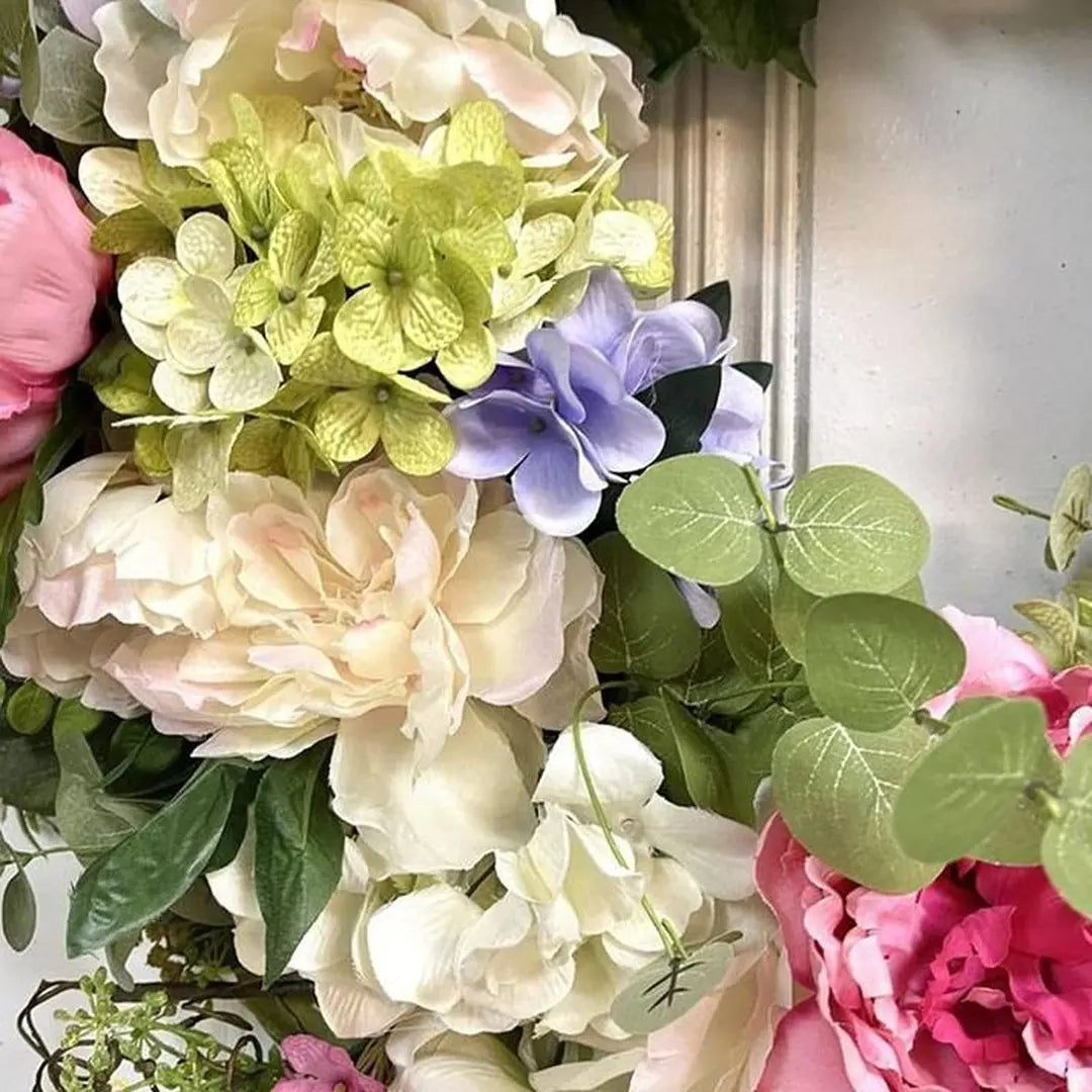 Multicolor Hydrangea Wreath with Green Foliage