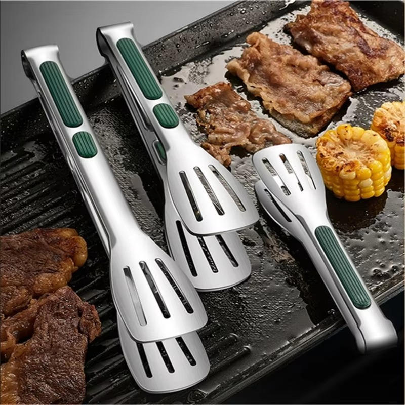 Stainless Steel Kitchen Tongs with Spring-Loaded Mechanism and Scalloped Tips