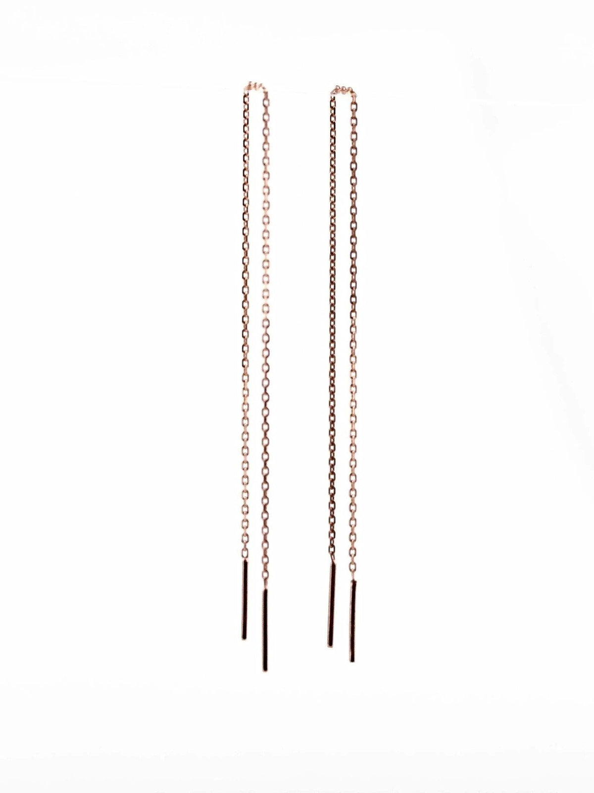Pair of 18K rose gold plated ear thread earrings, 14 cm length, with fine chain and small bar ends, on a white background