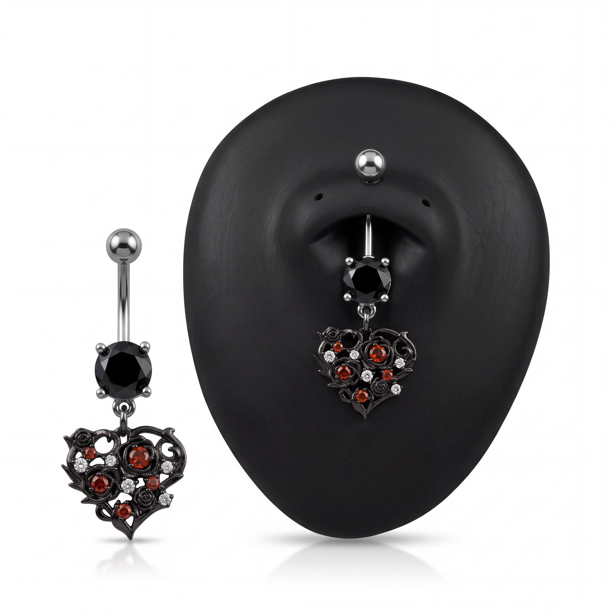 Heart Dangle Belly Button Ring with Black and Red Cubic Zirconia, 316L Stainless Steel