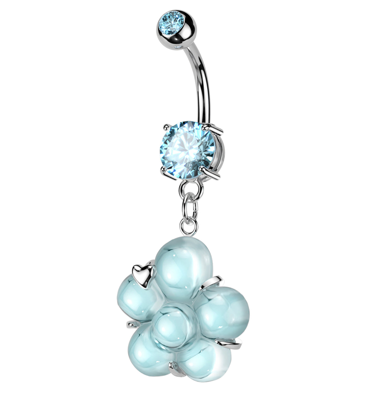 Flower Pressed Fit Aqua CZ Dangle Stainless Steel Belly Button Ring by Urban Body Jewelry