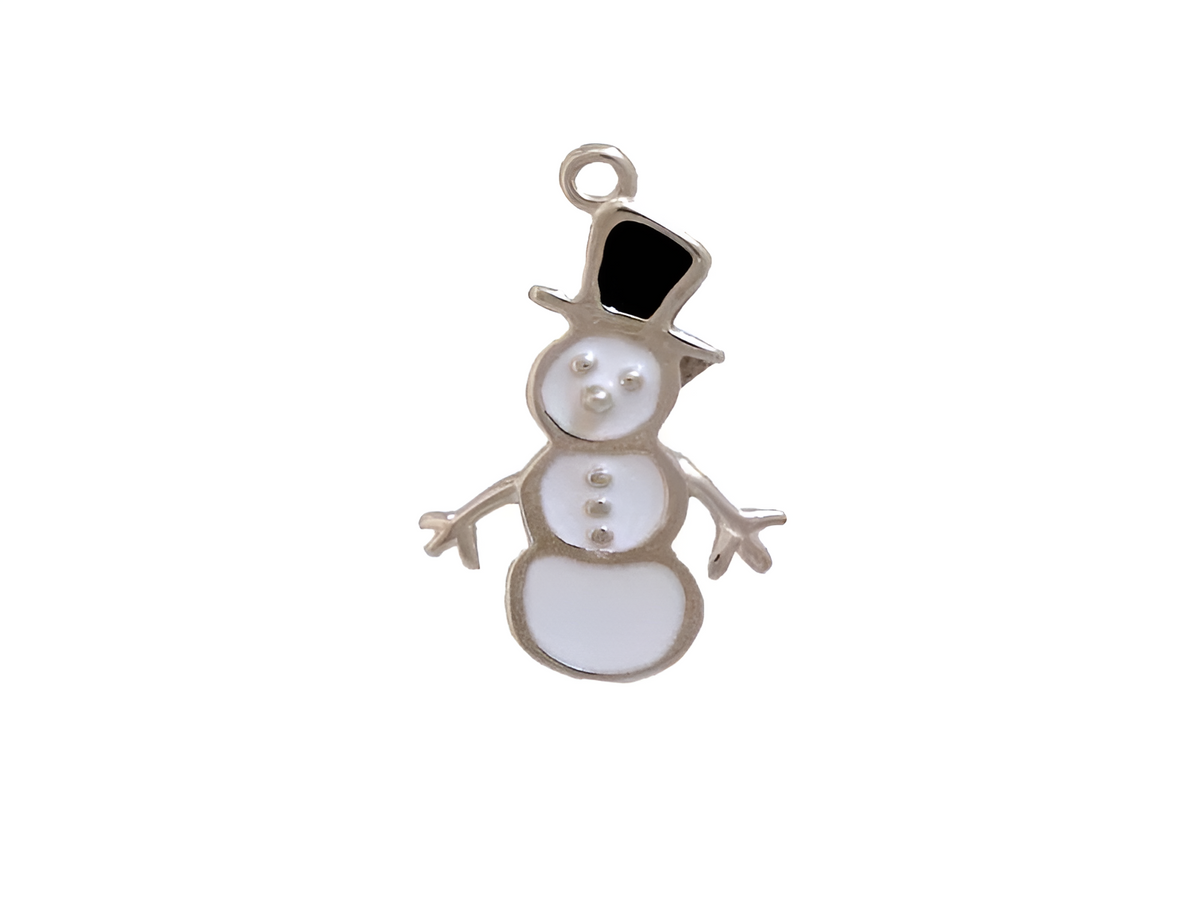 Sterling Silver Snowman Charm with Enamel Detail and Scarf, Top Hat Design