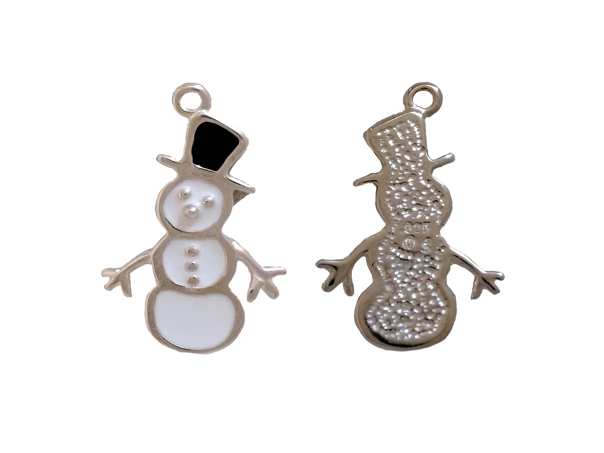 Sterling Silver Snowman Charm with Enamel Detail and Scarf, Top Hat Design