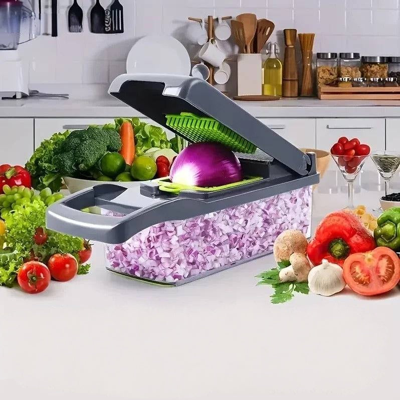 Food Chopper with Multiple Cutting Attachments and Integrated Storage