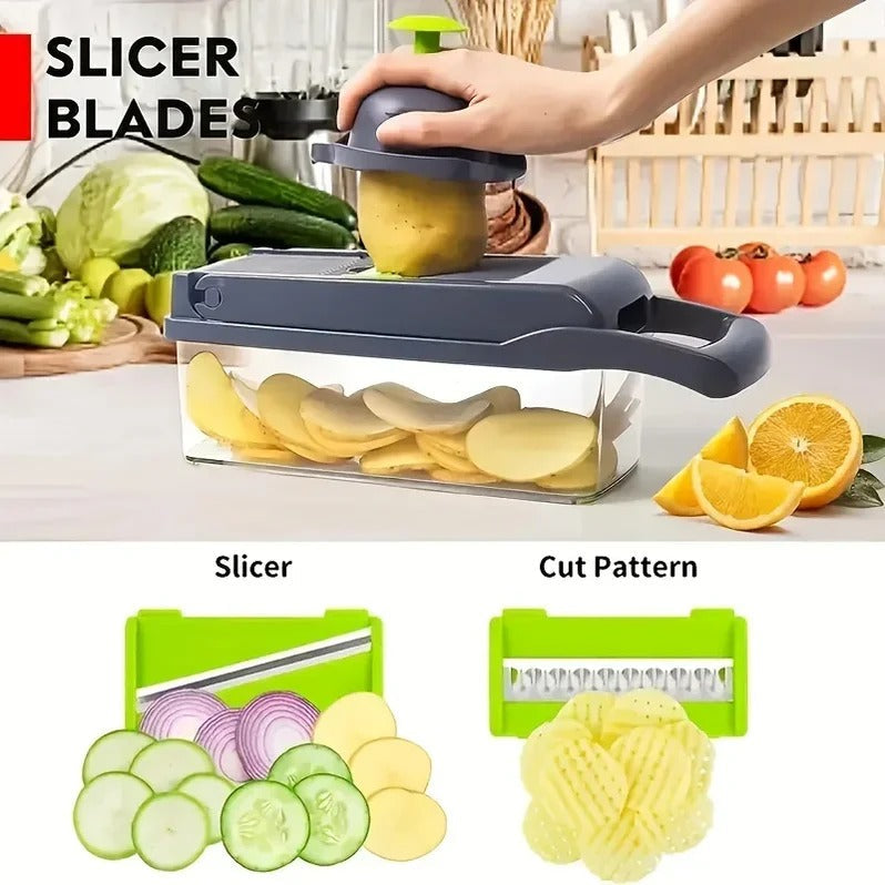 Food Chopper with Multiple Cutting Attachments and Integrated Storage