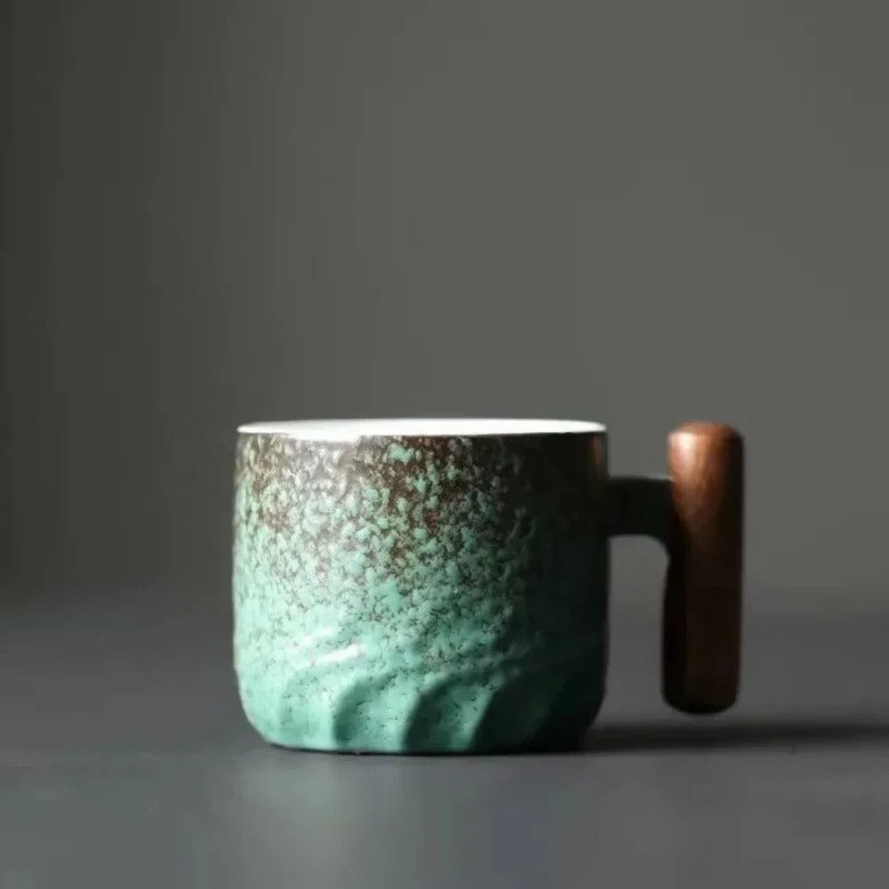 Ceramic Espresso Cup with Wooden Handle and Textured Finish
