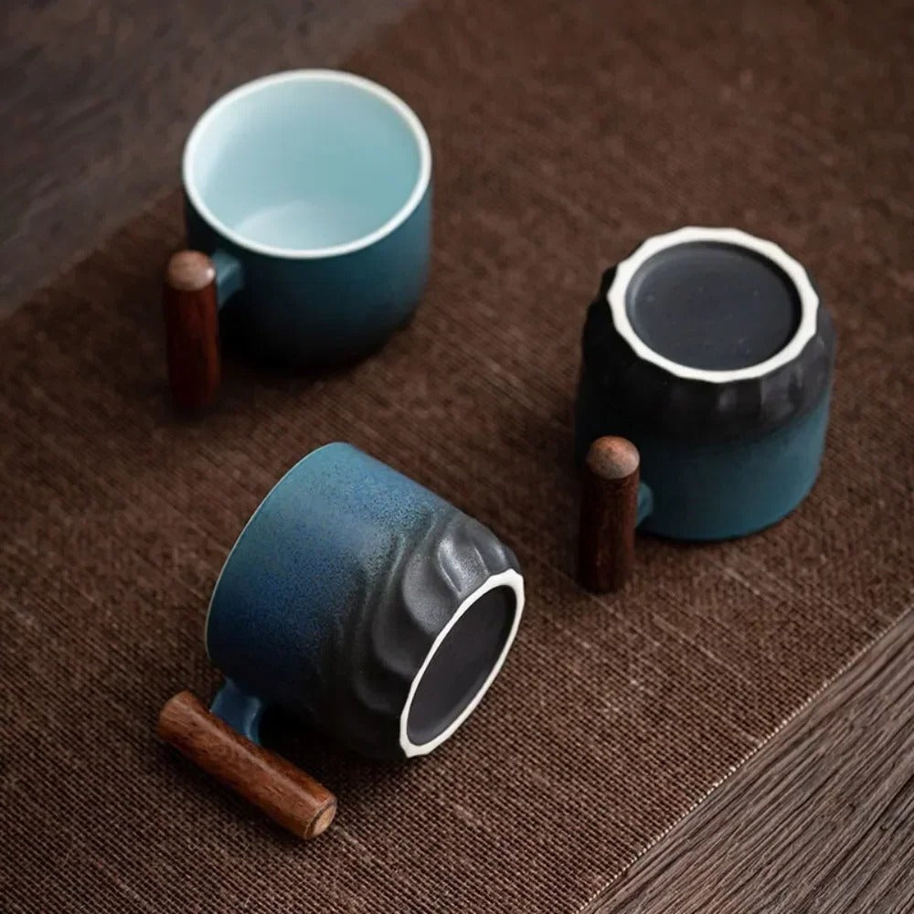 Ceramic Espresso Cup with Wooden Handle and Textured Finish