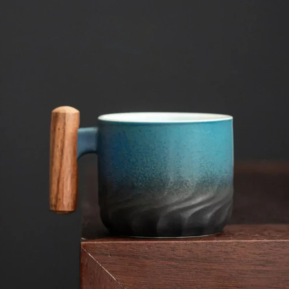 Ceramic Espresso Cup with Wooden Handle and Textured Finish