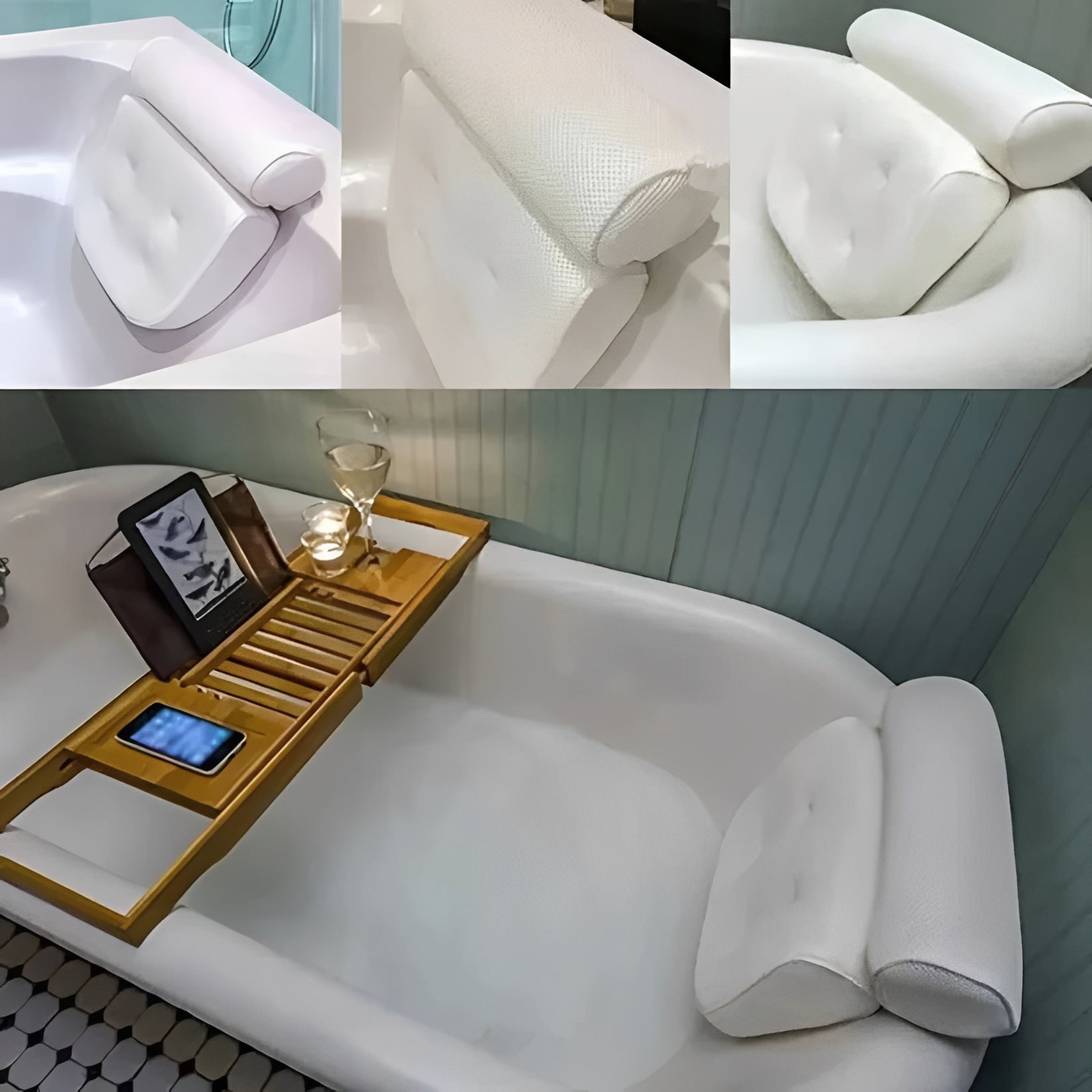 Ergonomic Bath Pillow with Suction Cup Attachment and Mesh Fabric, Quick Dry