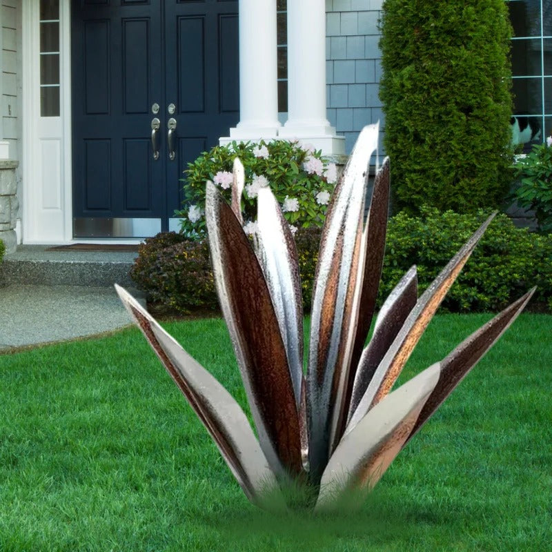 Metal Agave Sculpture with Rust Finish and Textured Leaves for Indoor or Outdoor Display