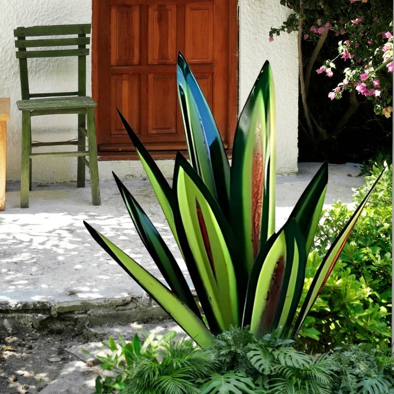 Metal Agave Sculpture with Rust Finish and Textured Leaves for Indoor or Outdoor Display