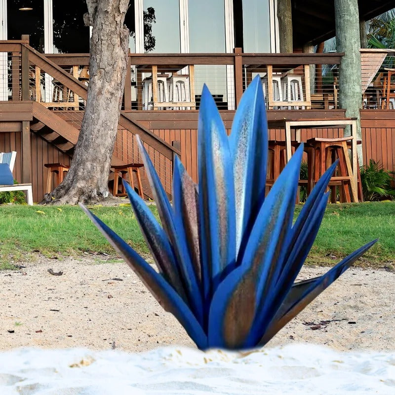 Metal Agave Sculpture with Rust Finish and Textured Leaves for Indoor or Outdoor Display