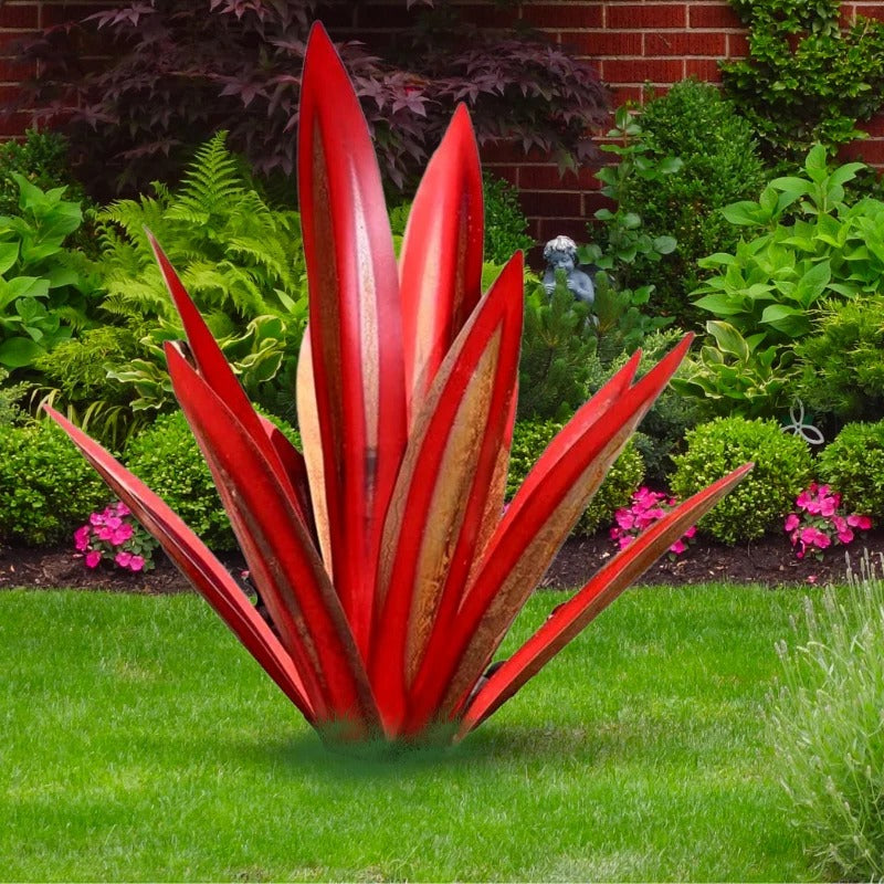 Metal Agave Sculpture with Rust Finish and Textured Leaves for Indoor or Outdoor Display
