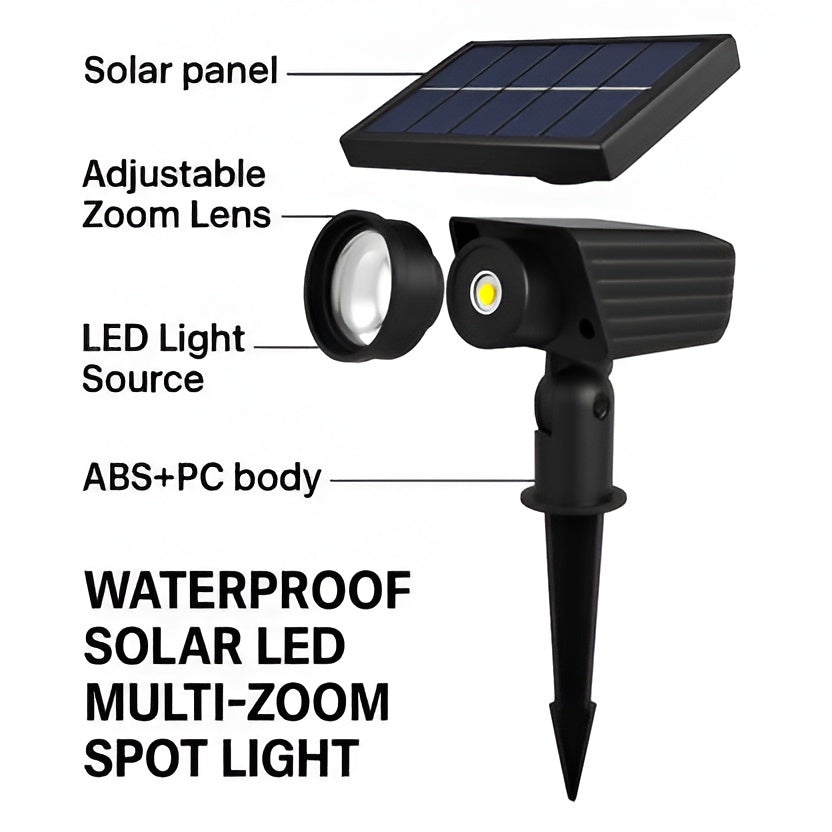 Solar Spot Light with Adjustable Zoom Lens and RGB Color Modes, IP65 Weather Sealed
