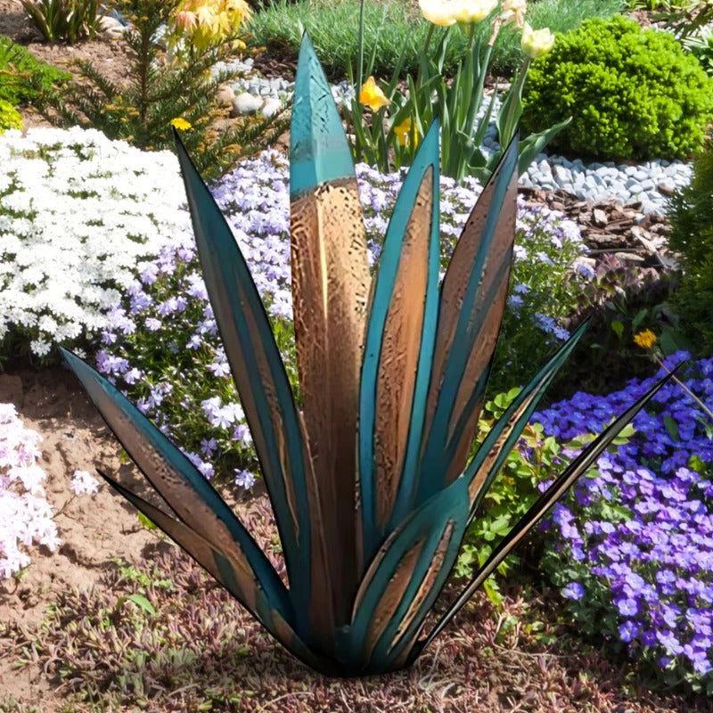 Metal Agave Sculpture with Rust Finish and Textured Leaves for Indoor or Outdoor Display