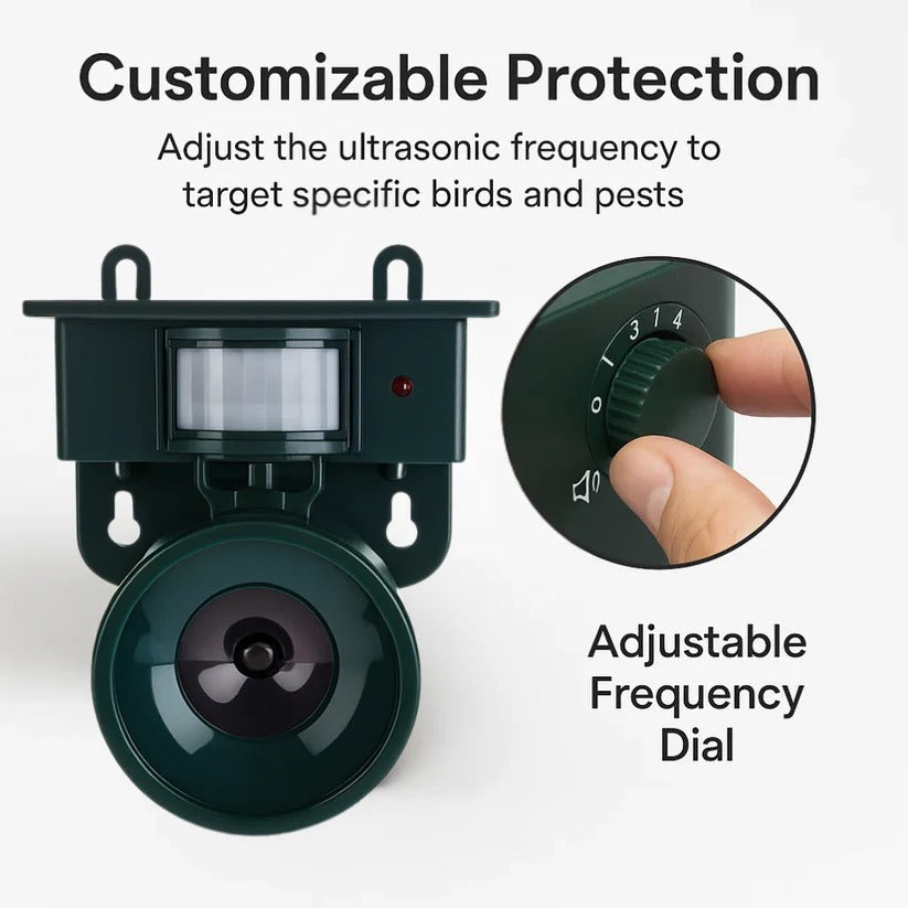 Motion-Activated Bird Deterrent with Solar Panel and Adjustable Sound Frequency