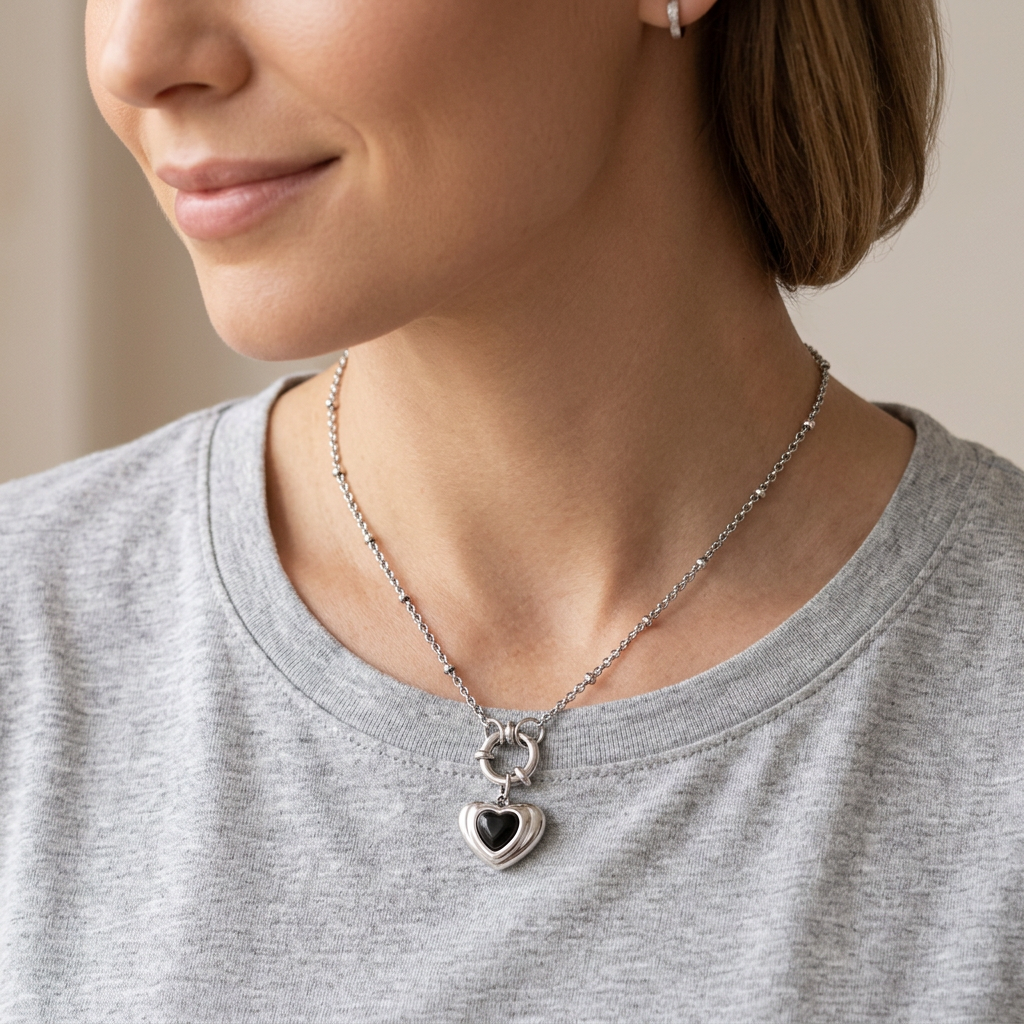Black Heart Pendant Necklace with Layered Frame Design