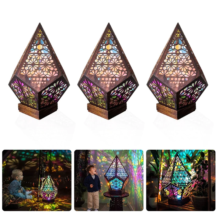 Wooden Projection Floor Lamp with Colorful Light Display and USB Power