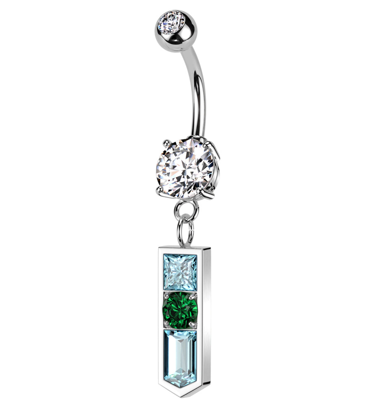 Pointed Baguette Multi CZ Dangle Stainless Steel Belly Button Ring by Urban Body Jewelry