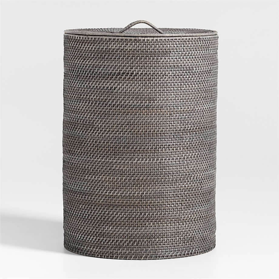 Gray Handwoven Laundry Hamper, Tall Cylinder, Bathroom Storage