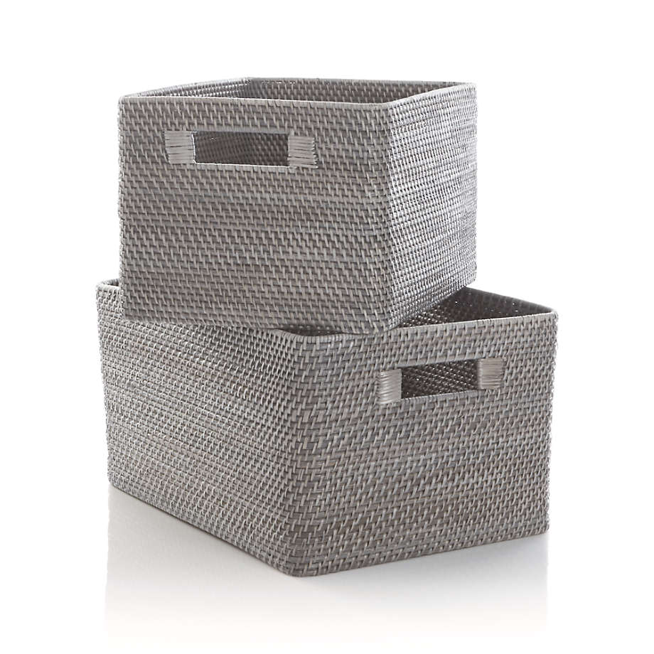 Grey Handwoven Basket Tote, Cutout Handles, Bathroom Storage