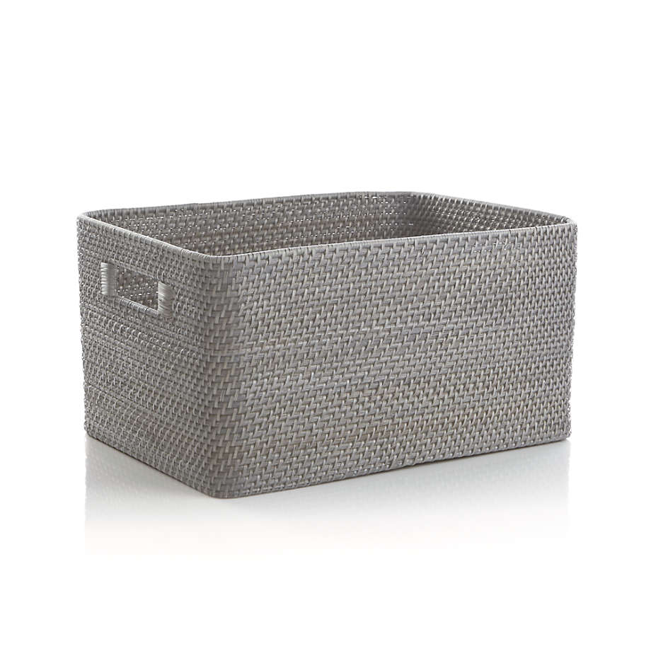 Grey Handwoven Basket Tote, Cutout Handles, Bathroom Storage