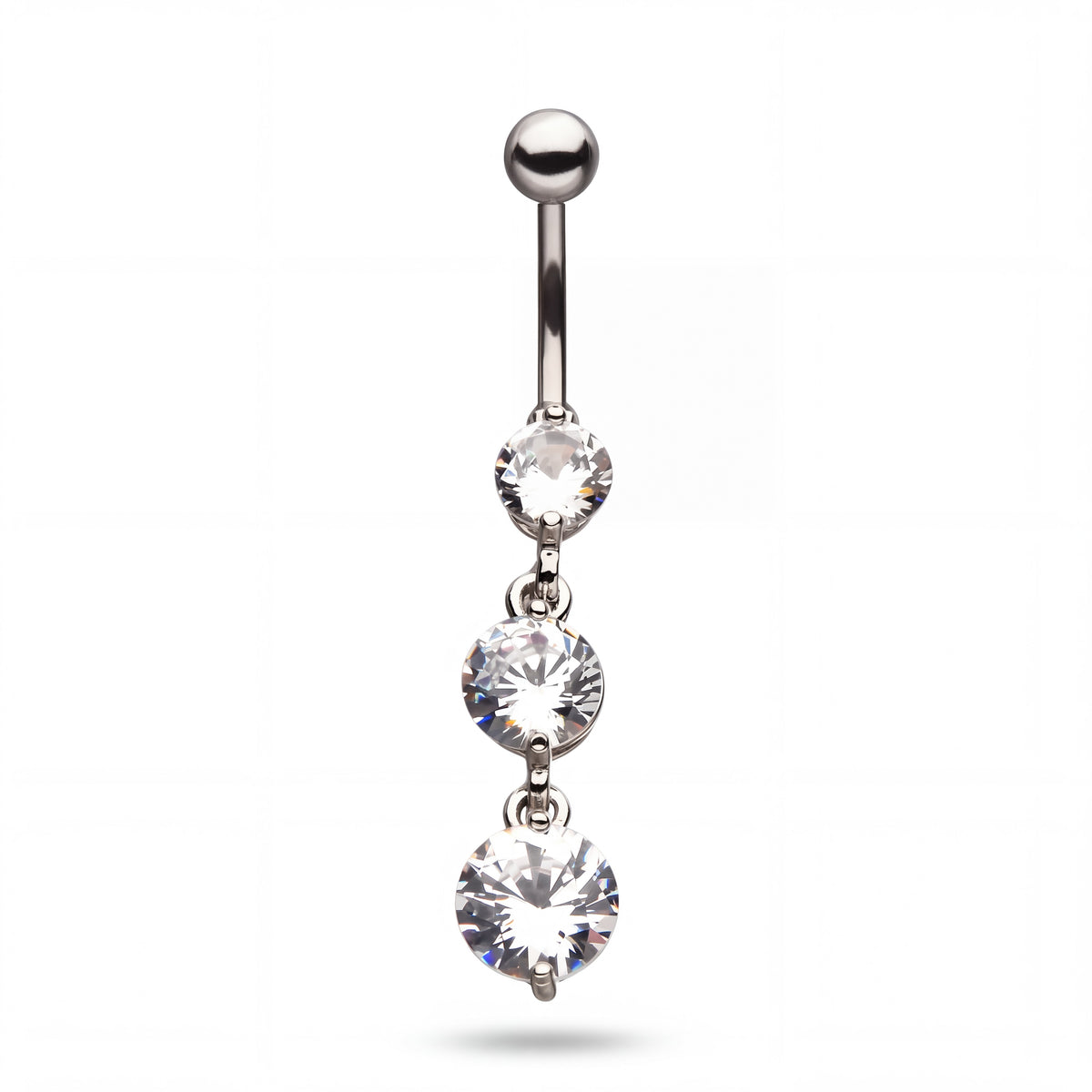 Stainless Steel Belly Button Ring with Triple Cubic Zirconia Dangle, 14G