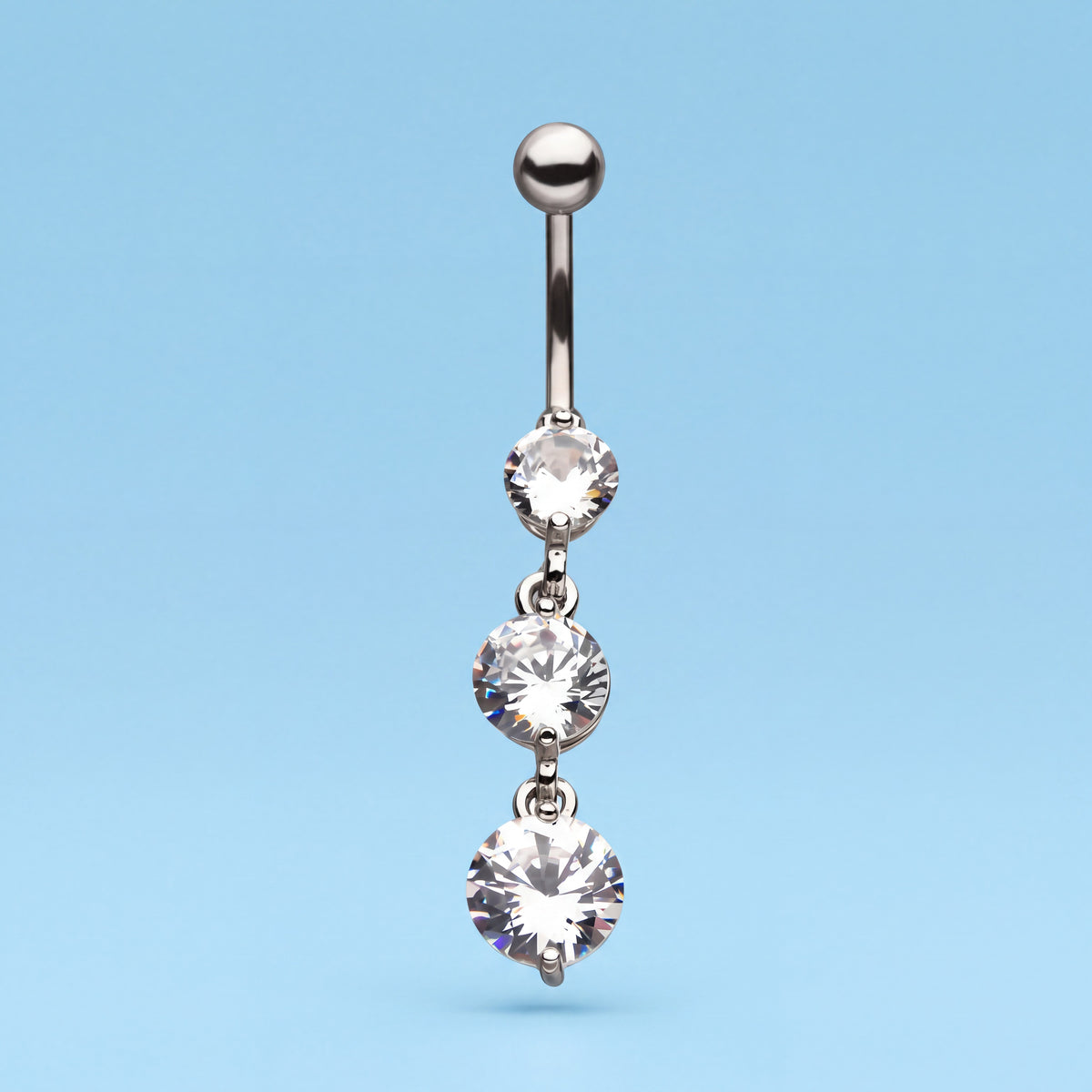 Stainless Steel Belly Button Ring with Triple Cubic Zirconia Dangle, 14G