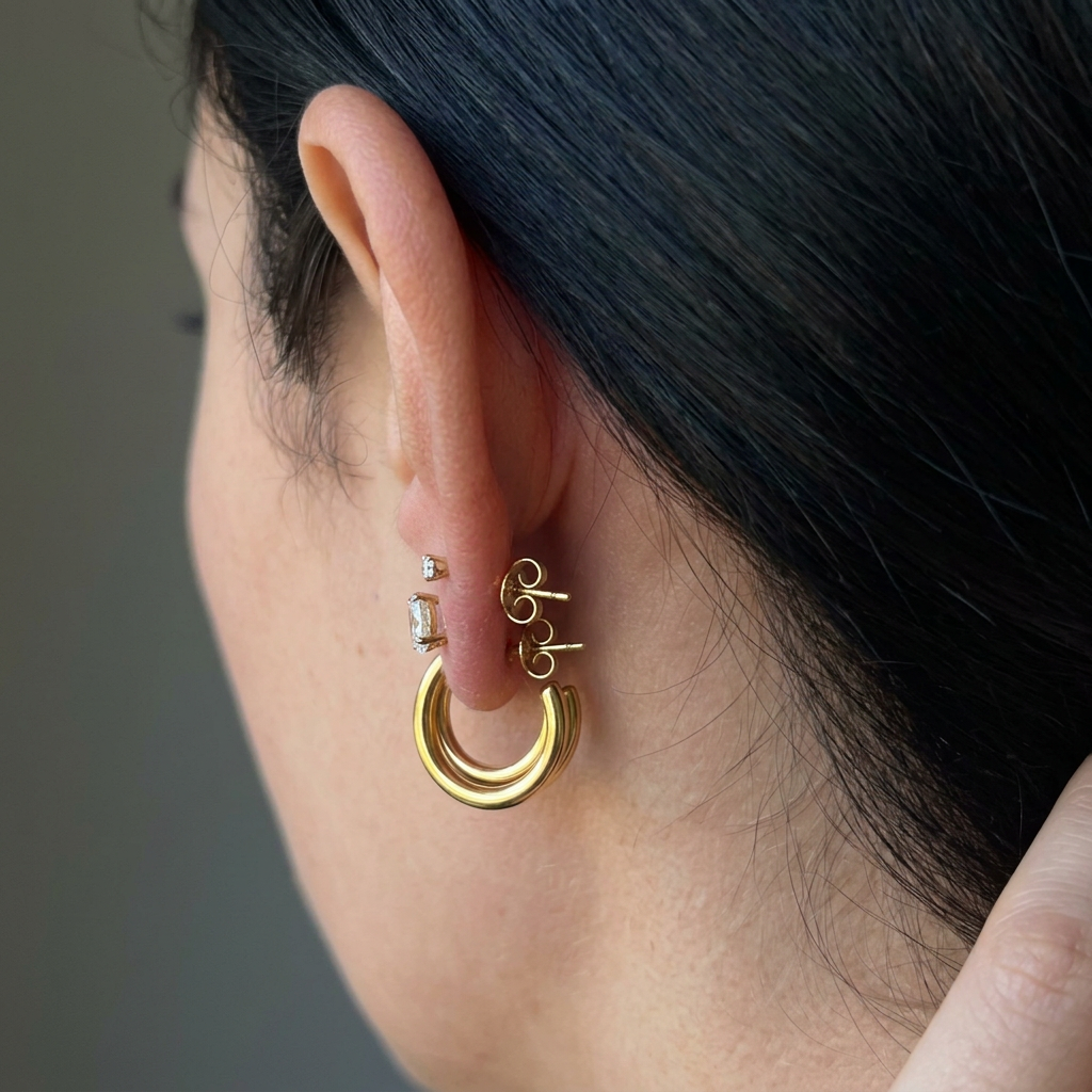 Stacked Circular Hoop Earrings with Layered Geometric Design