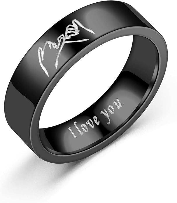 Stainless Steel Couple Rings with Hand in Hand Design and Engraved Text