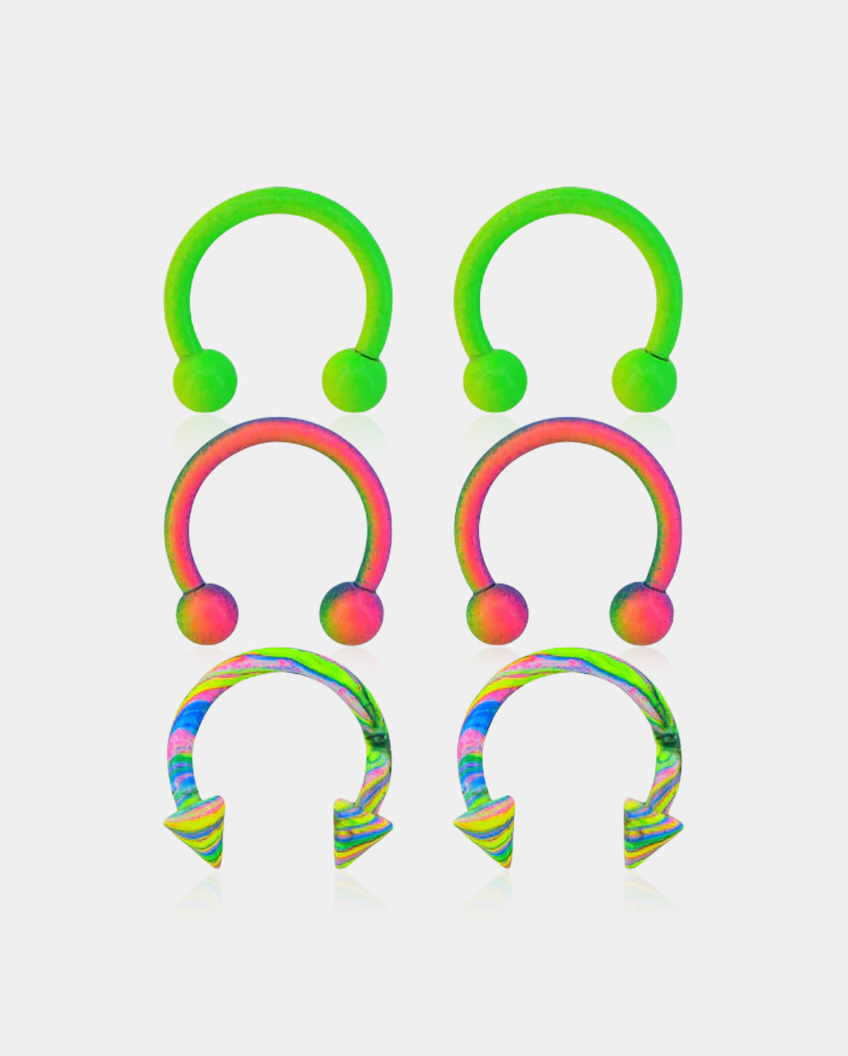 Horseshoe Septum Rings 16G with Ball and Spike Ends, 6 Piece Set
