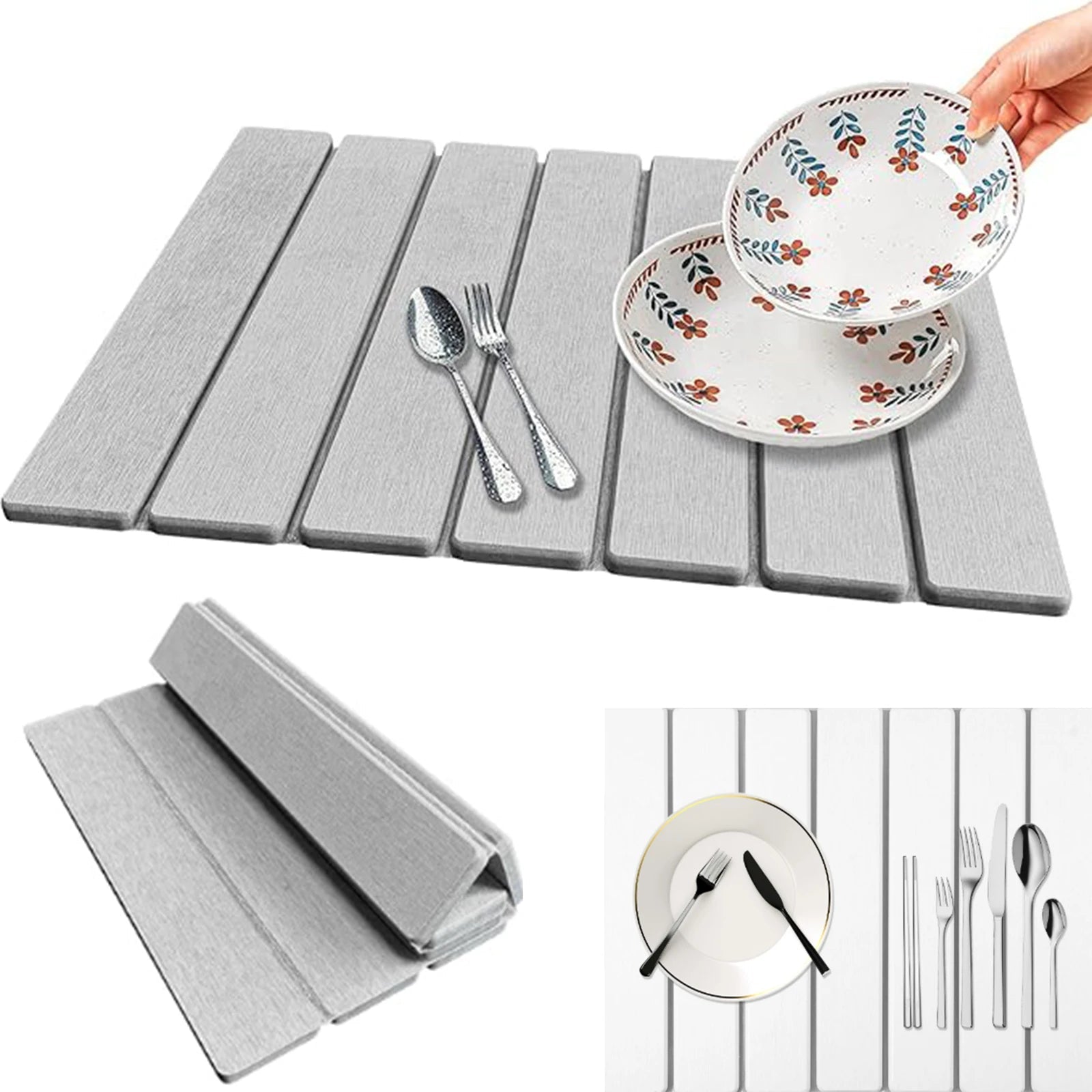 Dish Drying Mat with Diatomite Stone Absorption and Foldable Design, Nonslip Backing