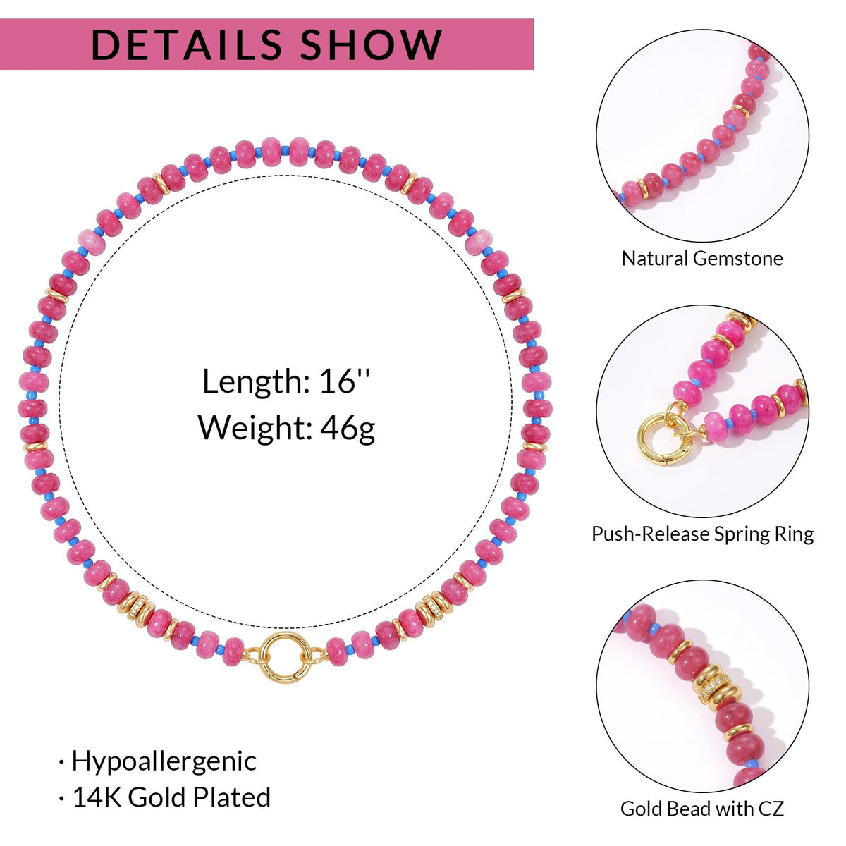 Natural Stone Beaded Choker Necklace with Gold-Plated Spring Ring Clasp