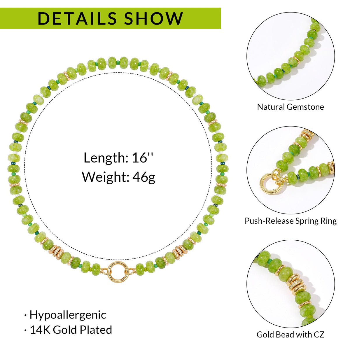 Natural Stone Beaded Choker Necklace with Gold-Plated Spring Ring Clasp