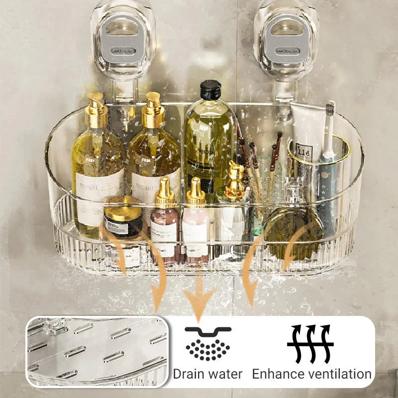 Vacuum Suction Bathroom Storage Rack with Clear PET Basket and Wall Mount