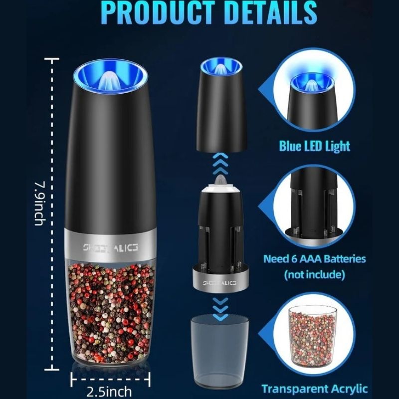 Automatic Salt and Pepper Grinder with Gravity Sensor and LED Light