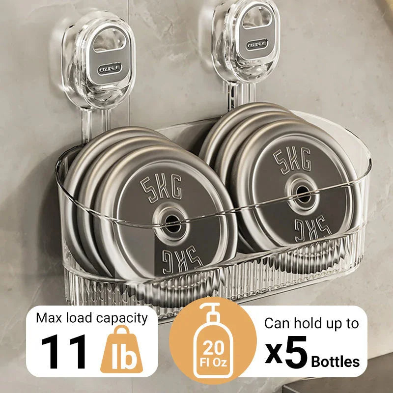 Vacuum Suction Bathroom Storage Rack with Clear PET Basket and Wall Mount